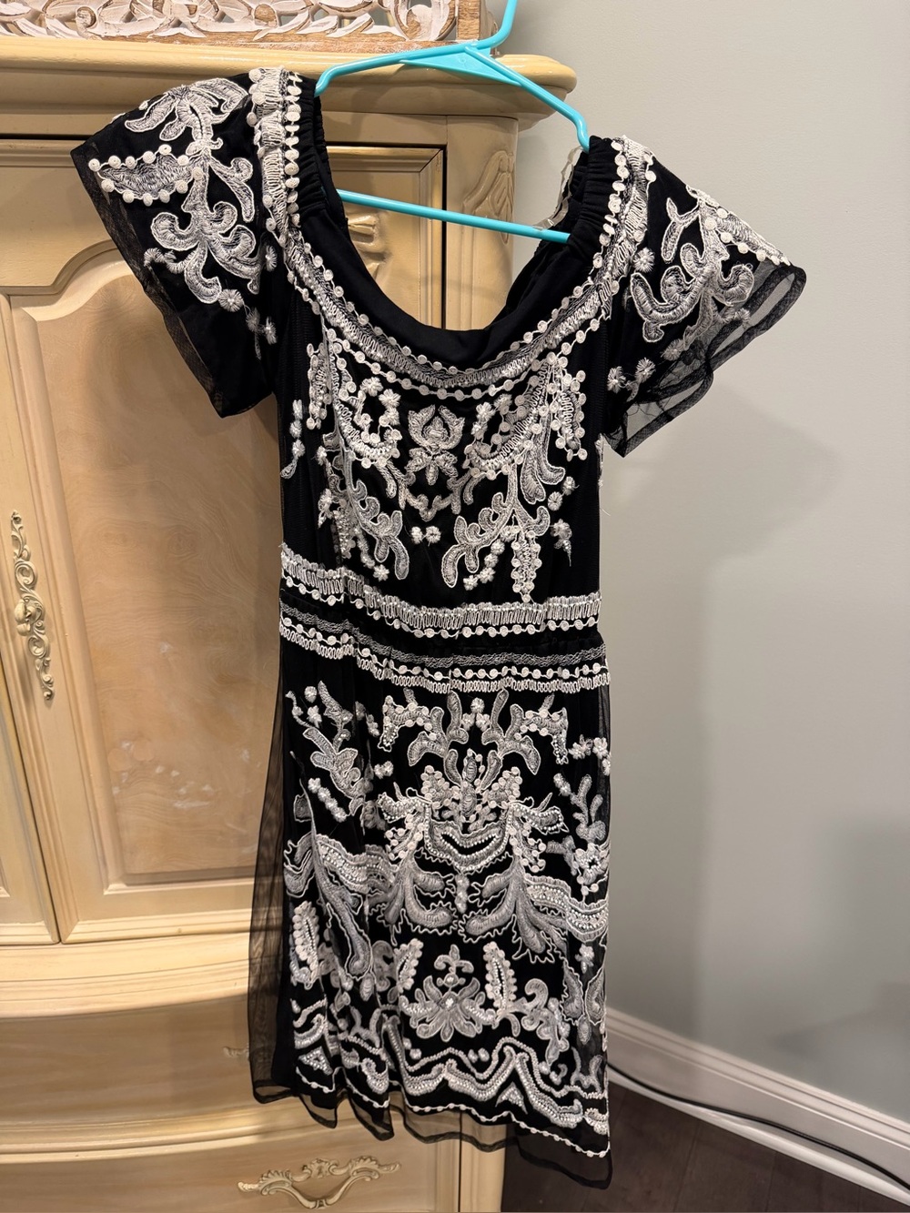 INC International Concepts Black Short Sleeve Embroidered Dress